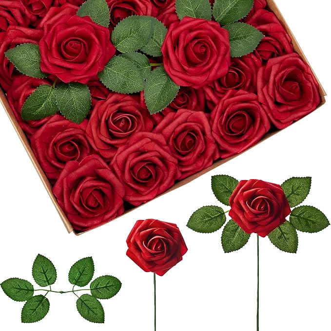 Artificial Flowers, 100 Pcs Dark Red Foam Fake Roses Bulk with Stems for Decoration DIY Wedding Bouquets Centerpieces Bridal Shower Party Christmas Tree