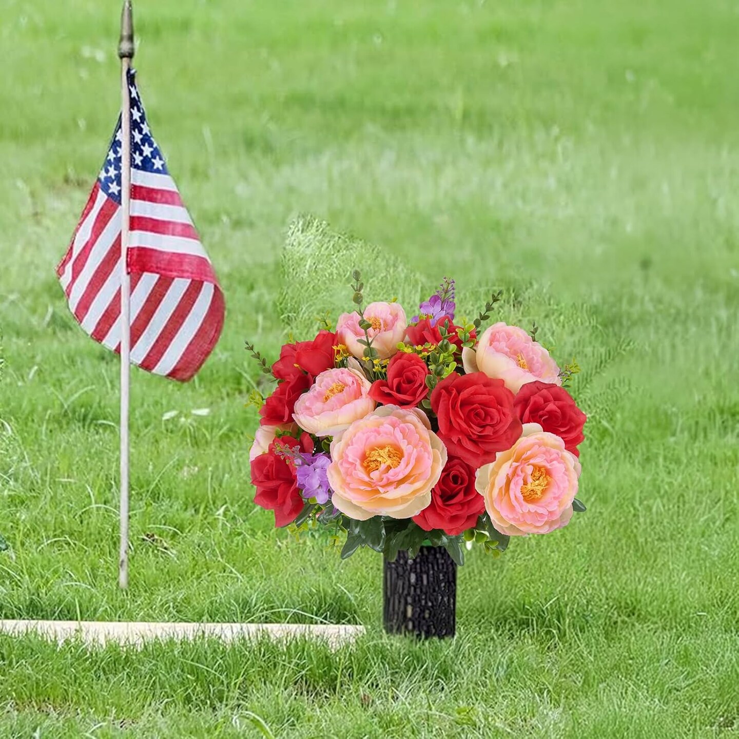 2Pcs Artificial Cemetery Flowers for Grave - 18" Silk Peony & Rose Bouquet - UV Resistant Memorial Flowers for Headstone Vases, Outdoor Gravesite & Home Table Centerpieces