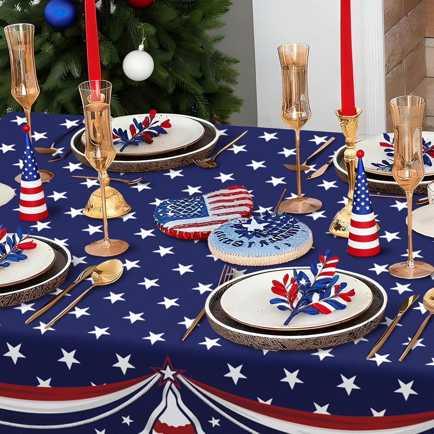 Rectangle 4th of July Patriotic Tablecloth – 60” x 84” Polyester Waterproof Wrinkle-Resistant Red, White & Blue Table Cover for Independence Day, Memorial Day & Holiday Party Decorations