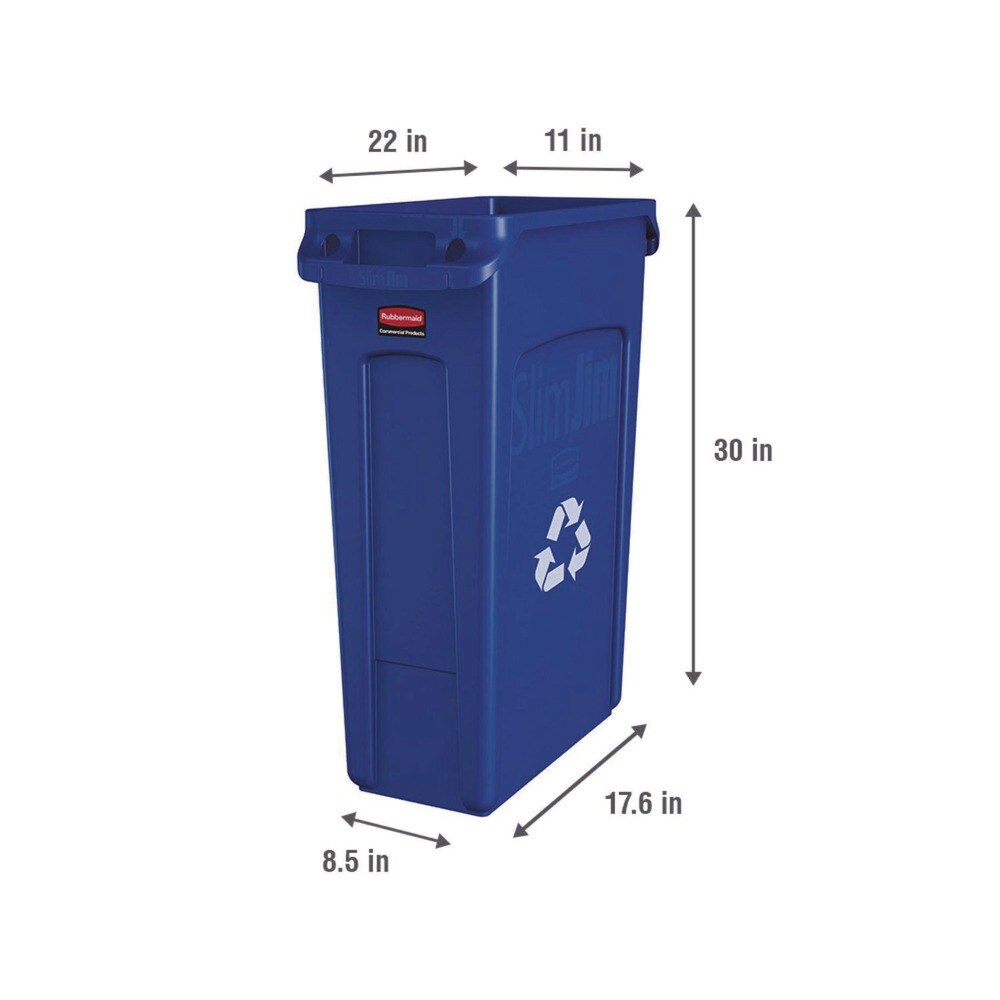 Rubbermaid Commercial 23 Gallon Slim Jim Recycling Plastic Container with Venting Channels - Blue
