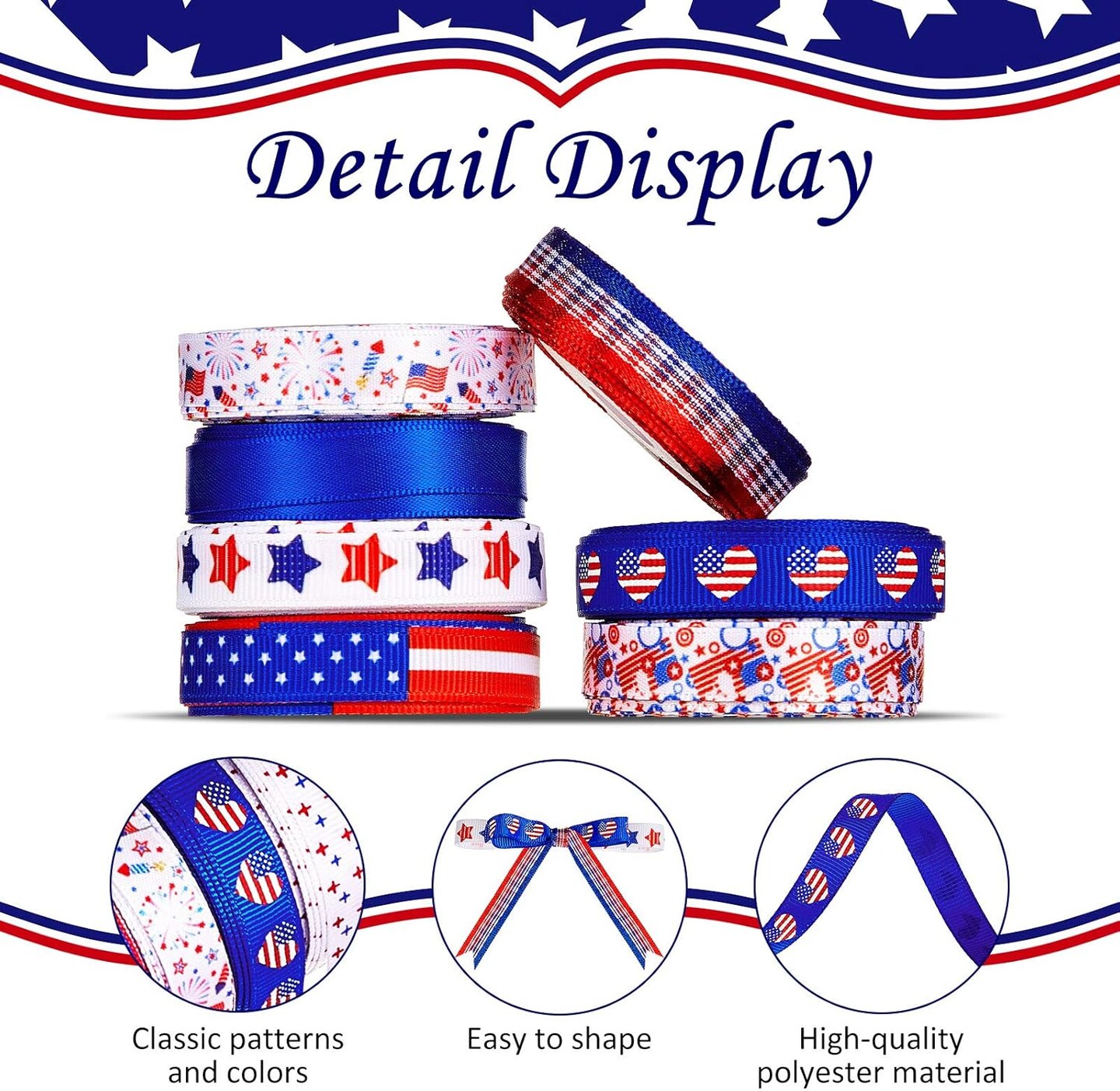 12 Rolls 4th of July Patriotic Grosgrain Ribbon Set – 60 Yards Red White & Blue Craft Ribbon (12 Styles) for Gift Wrapping, DIY Crafts, Hair Bows, Wreath Making & Decorations