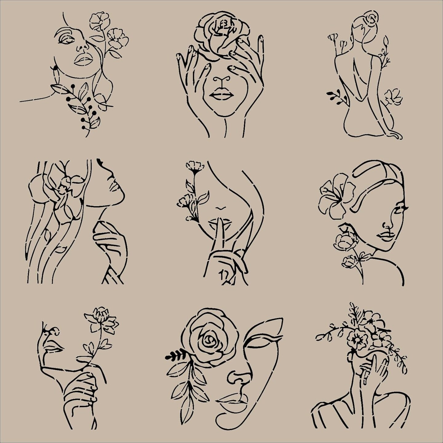 9PCS 11.8x11.8inch Modern Minimalist Abstract Women Stencil, Floral Female Face Pattern PET Large Stencils Reusable Template for Painting on Wood Wall Canvas