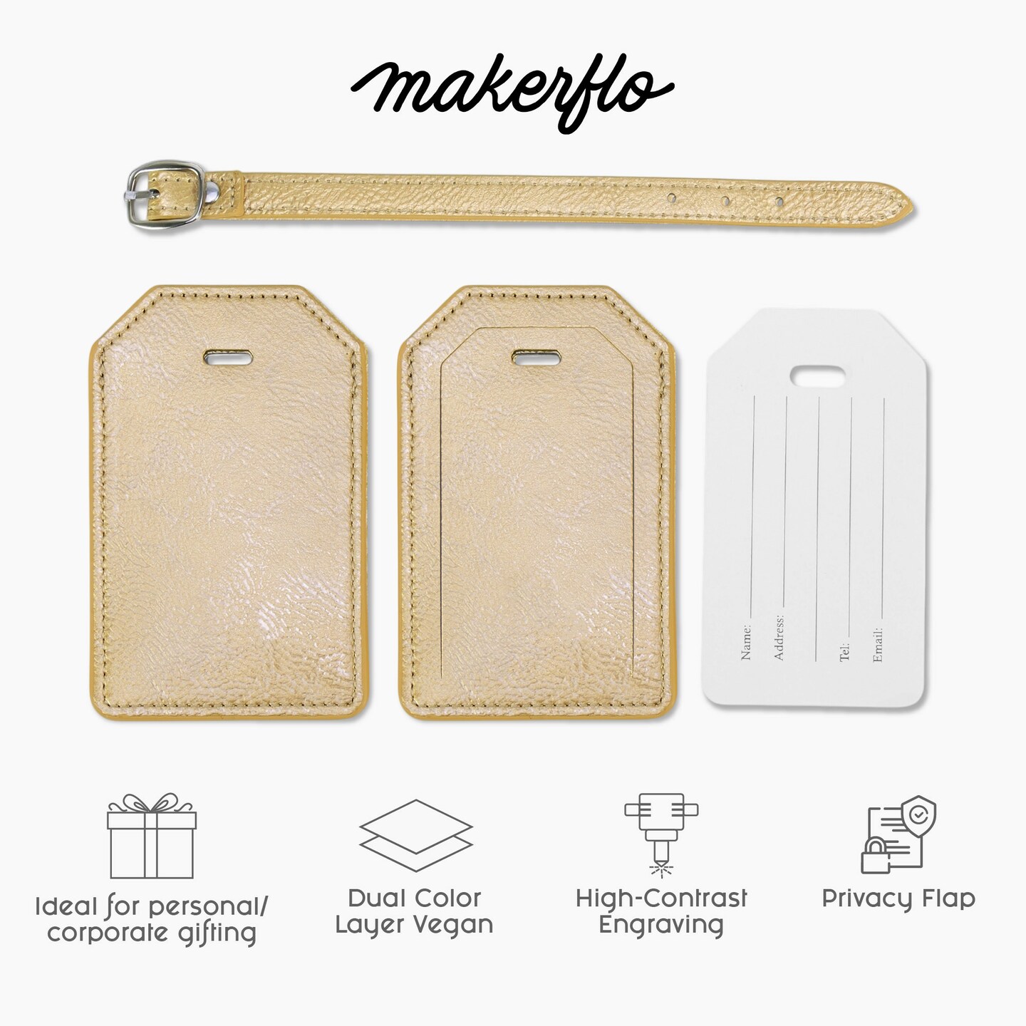 MakerFlo Laserette™ Luggage Tag Blank, Pack of 12 Engravable Leatherette Travel Bag Tag with Privacy Flap, Laser Engraving Material, Wholesale & Bulk