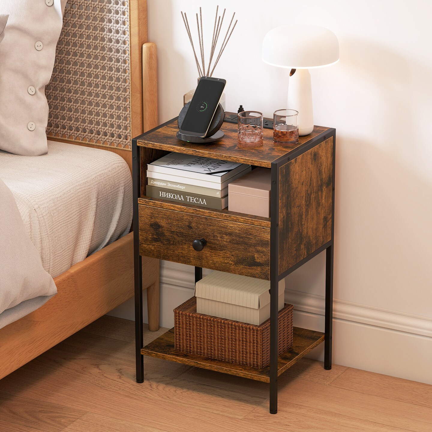 Modern Nightstand with Charging Ports, Drawer & Open Storage Shelf, Carbon Steel Frame Bedside Table with Cable Management for Bedroom Living Room