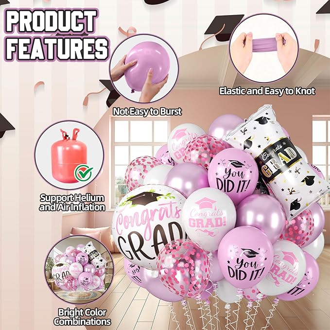 Pink Graduation Balloons, Grad Round Foil Balloons, Metallic Confetti Pink White Balloon for Congrats Graduation Party Decorations Backdrop