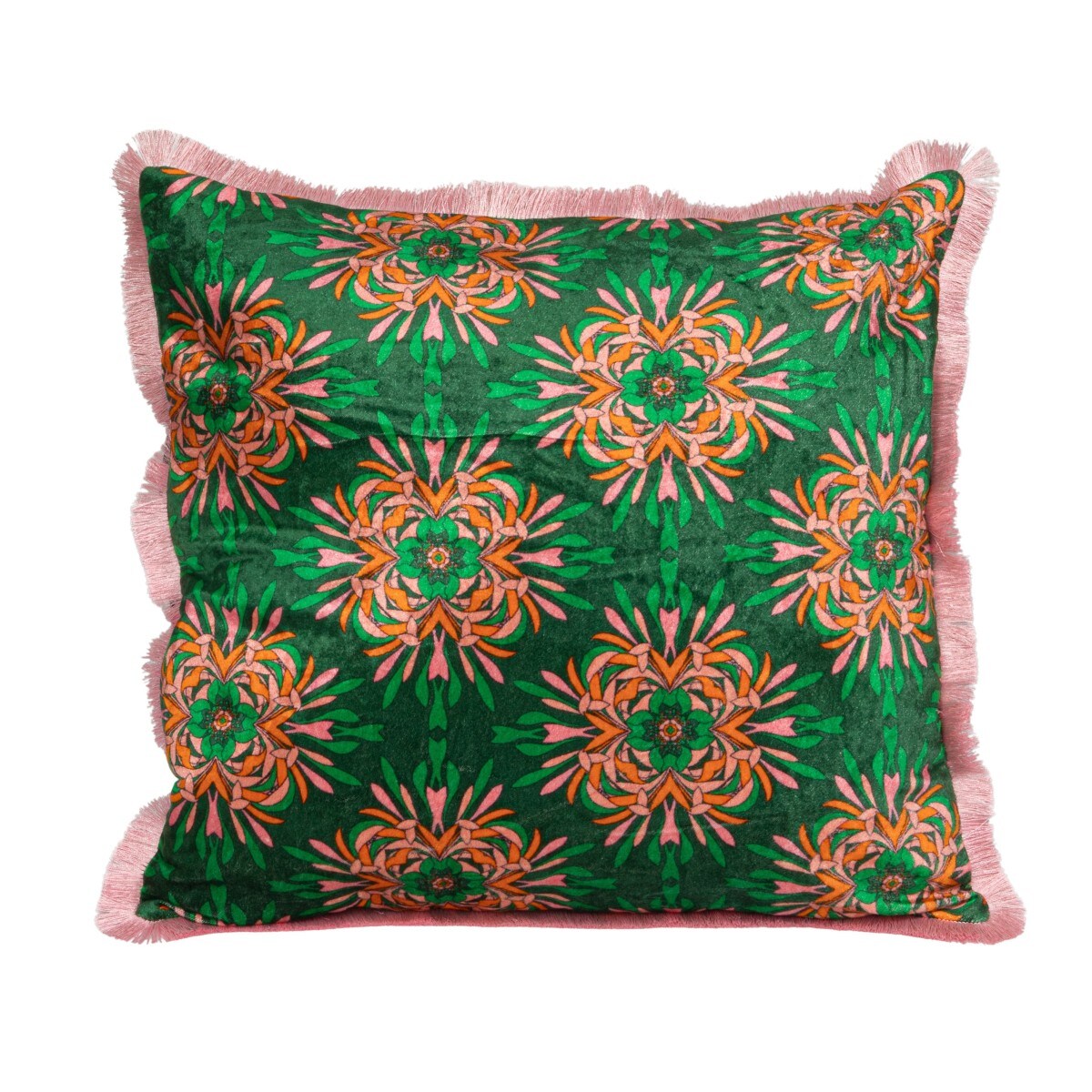 Hello Honey Cotton Blend Velvet Printed Pillow with Floral Pattern and Eyelash Fringe, Green, Pink and Orange