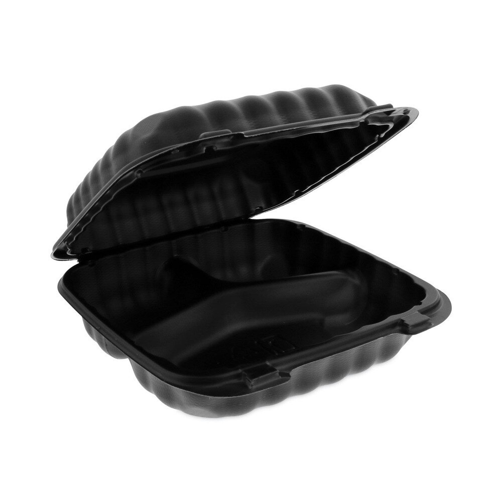 Pactiv Corp. EarthChoice SmartLock 3-Compartment 8.3 in. x 8.3 in. x 3.4 in. Plastic Microwavable MFPP Hinged Lid Container - Black (200/Carton)