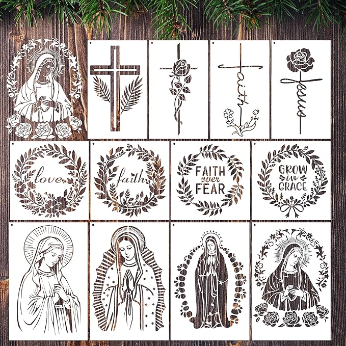 Religious Stencils for Crafts Reusable - 12 Pcs Chiristian Cross Inspirational Stencils for Wood Burning Wall Furniture Decor Drawing Template