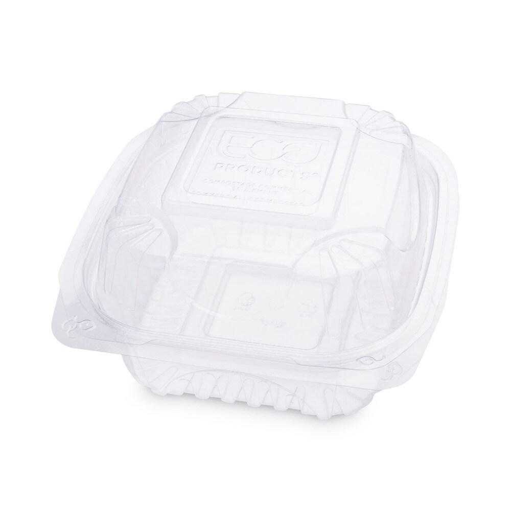 Eco-Products 6 in. x 6 in. x 3 in. Renewable and Compostable Plastic Clamshell Hinged Food Containers - Clear (240/Carton)