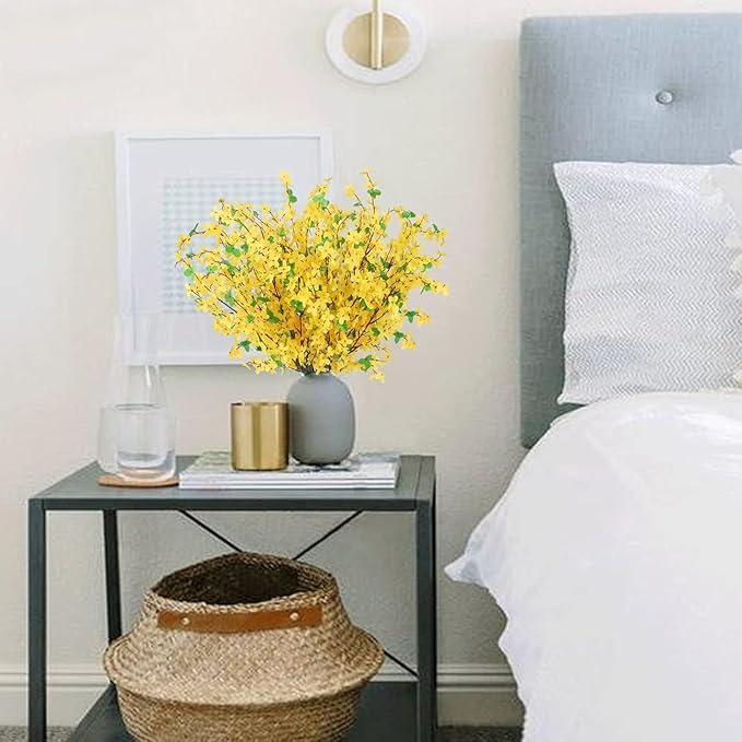 16PCS Artificial Flowers Yellow Silk Forsythia Branches Fake Winter Jasmine Long Stem Artificial Orchids Flowers Forsythia Stems for Home Indoor Outdoor Decor Wedding Party Cemetery (25.5in)