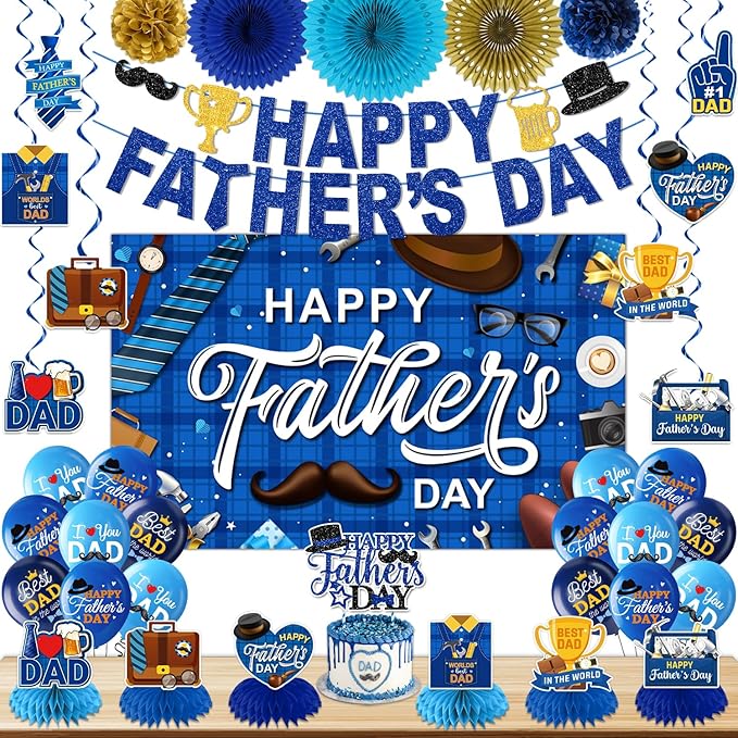 Happy Father's Day Decorations Set - Fathers Day Banner, Backdrop, Balloons, Honeycombs, Hanging Swirls, Cake Topper, Pom Poms and Paper Fans for Best Dad Father's Birthday Party Supplies