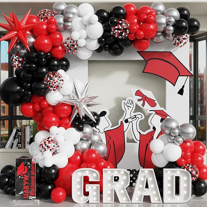 139Pcs Red and Black Balloon Arch Garland Kit for Graduation Party Decorations,Red Black White Silver Confetti Explosion Star Balloons for Class of 2026 Congrats Grad Celebrations Birthday Supplies