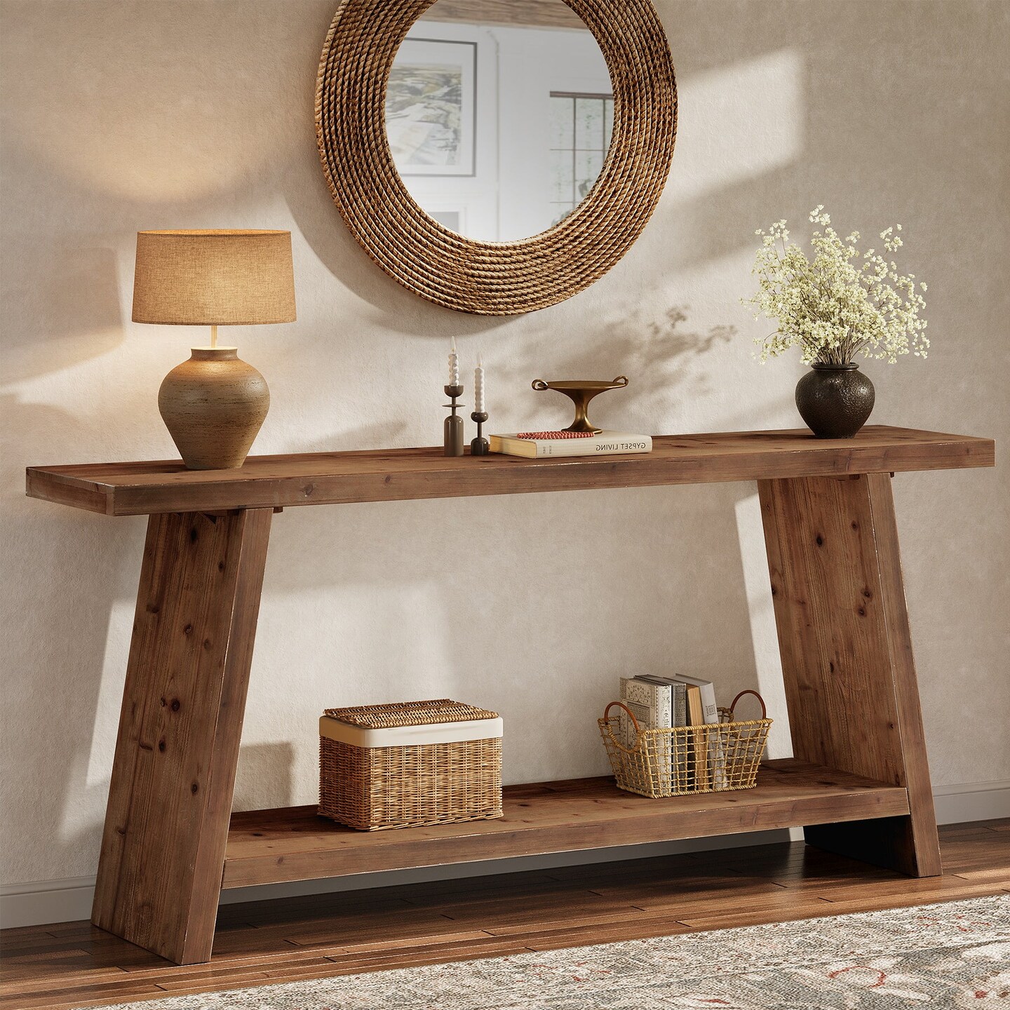 70.9" Solid Wood Entryway Console Table with 2-Tier Storage Shelf