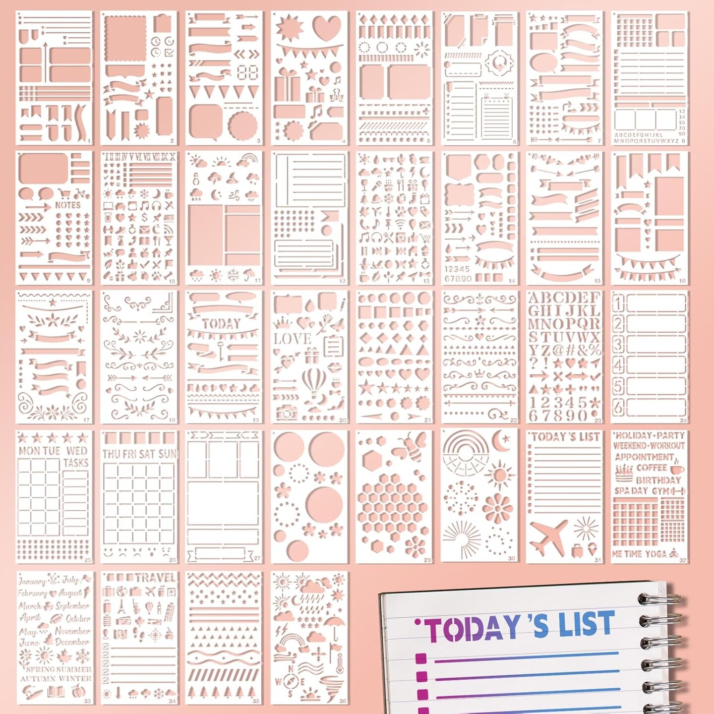 36 PCS Journal Stencils for Planning & Scrapbooking – Reusable A5 Planner Templates for Journals, Notebooks, Diaries, Bullet Journaling & DIY Craft Organization