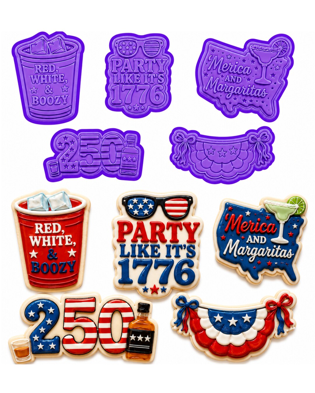 Patriotic Party Cookie Cutter and Stamp Set – 5-Piece Set – Fourth of July Americana Fondant Embosser Collection