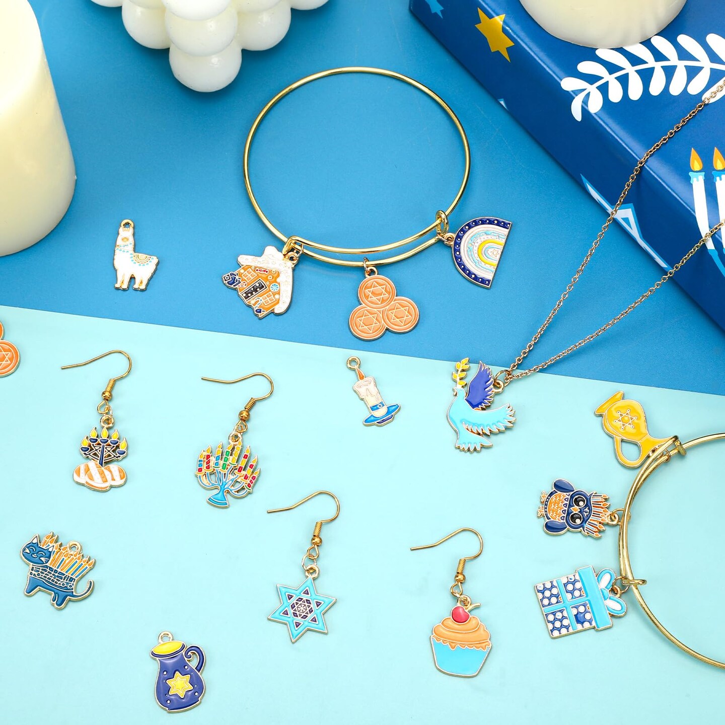 40 Pcs/20 Pairs Hanukkah Charms for Jewelry Making, Chanukah Blue White Enamel Charm Star of David Bangle Pendants for Bracelet Necklace Earrings Making Hanukkah Gift Decoration Accessories