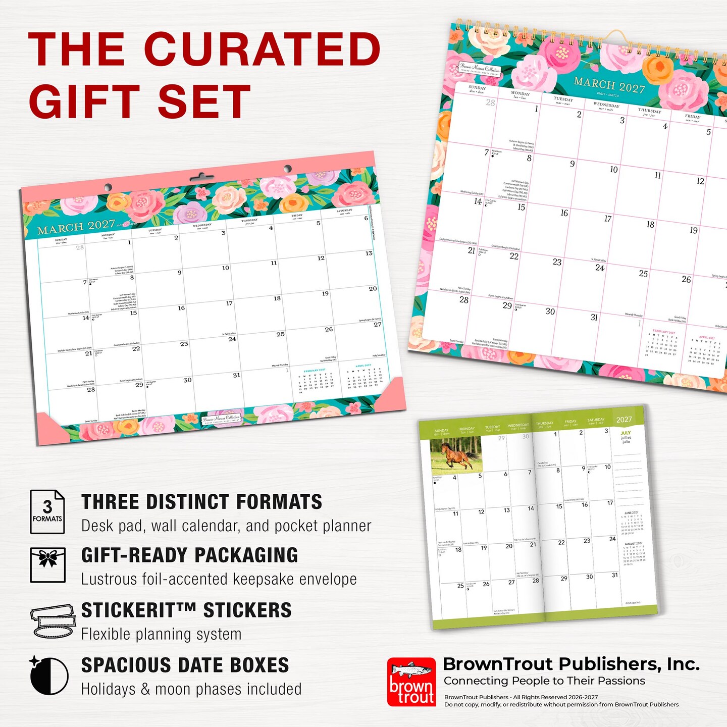 Bonnie Marcus OFFICIAL 2027 Gift Collection | Desk Pad & Wire-O Calendar & Pocket Planner | Sticker Sheet | Foil Stamped Cover