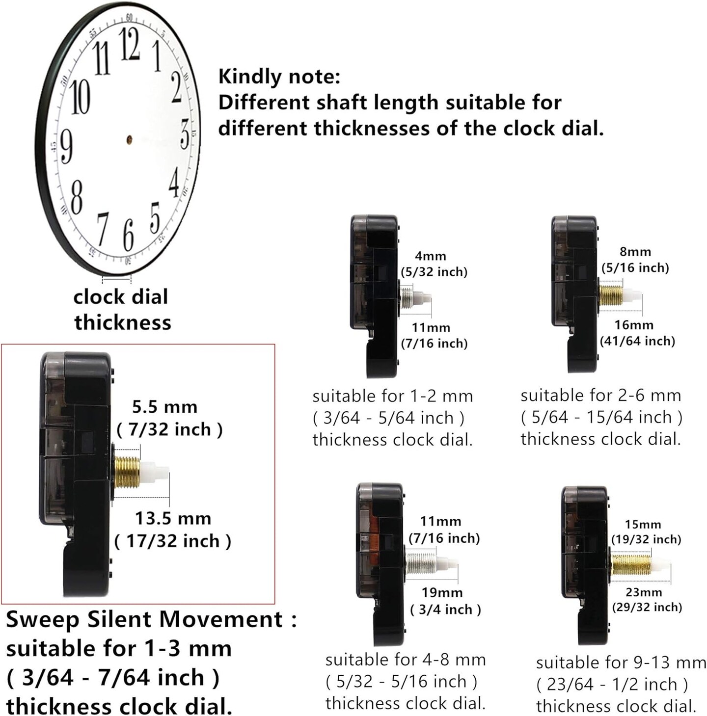 2-Pack Quartz Clock Movement Kit with 4 Pairs of Silent Sweep Hands – 13.5mm Shaft DIY Clock Repair & Replacement Parts with Metal Hooks