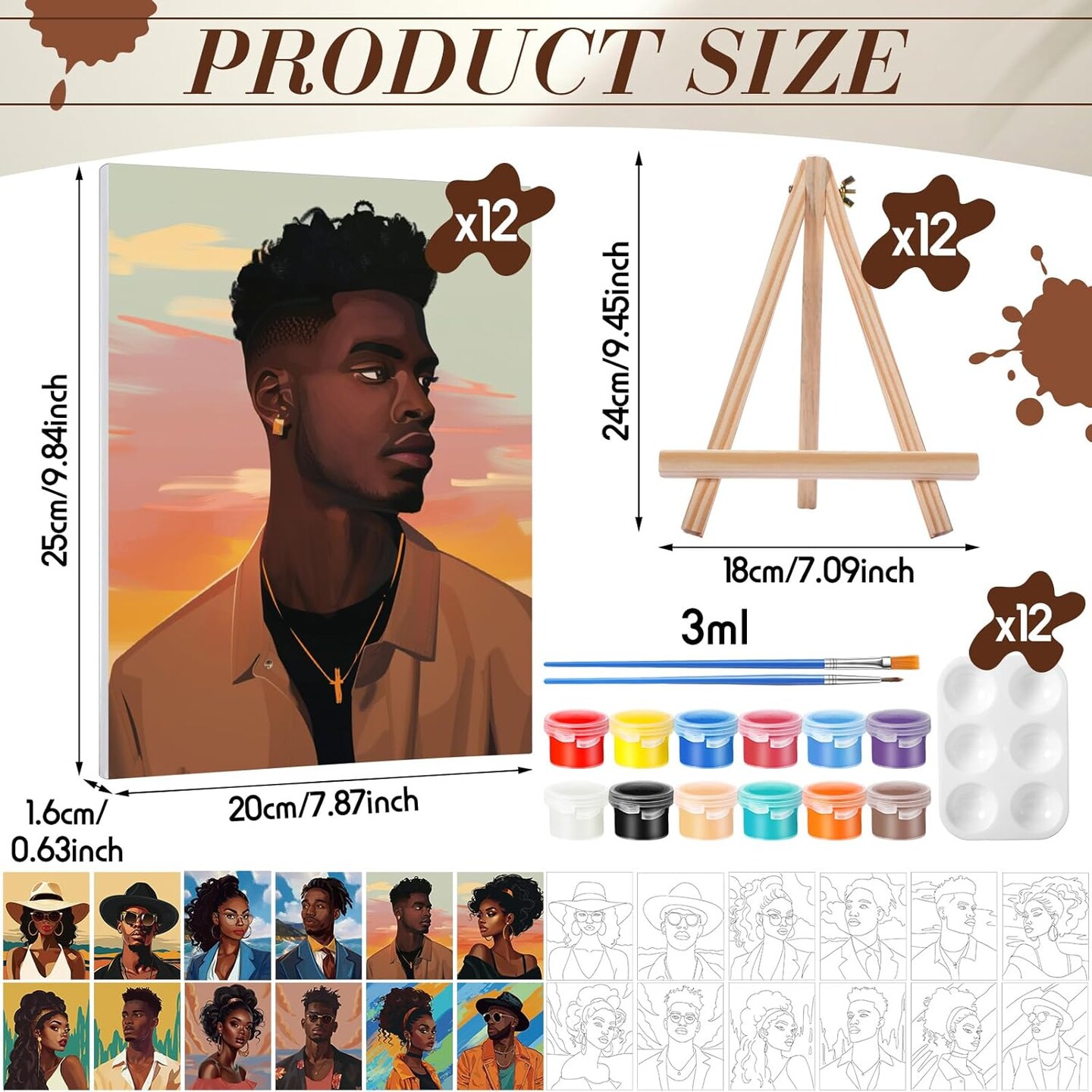72PCS Sip and Paint Kit for Adults – 12 Sets Pre-Drawn 8x10 Canvas Painting Party Kit with Paints, Brushes, Easels & Palettes – DIY Couples Paint Night, Date Night, Virtual Paint Party & Event Supplies