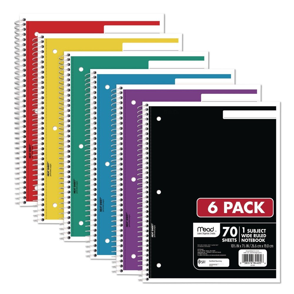 Mead (70) 10.5 in. x 8 in. Sheets 1-Subject Wide/Legal Rule Spiral Notebook - Assorted Cover Colors (6/Pack)