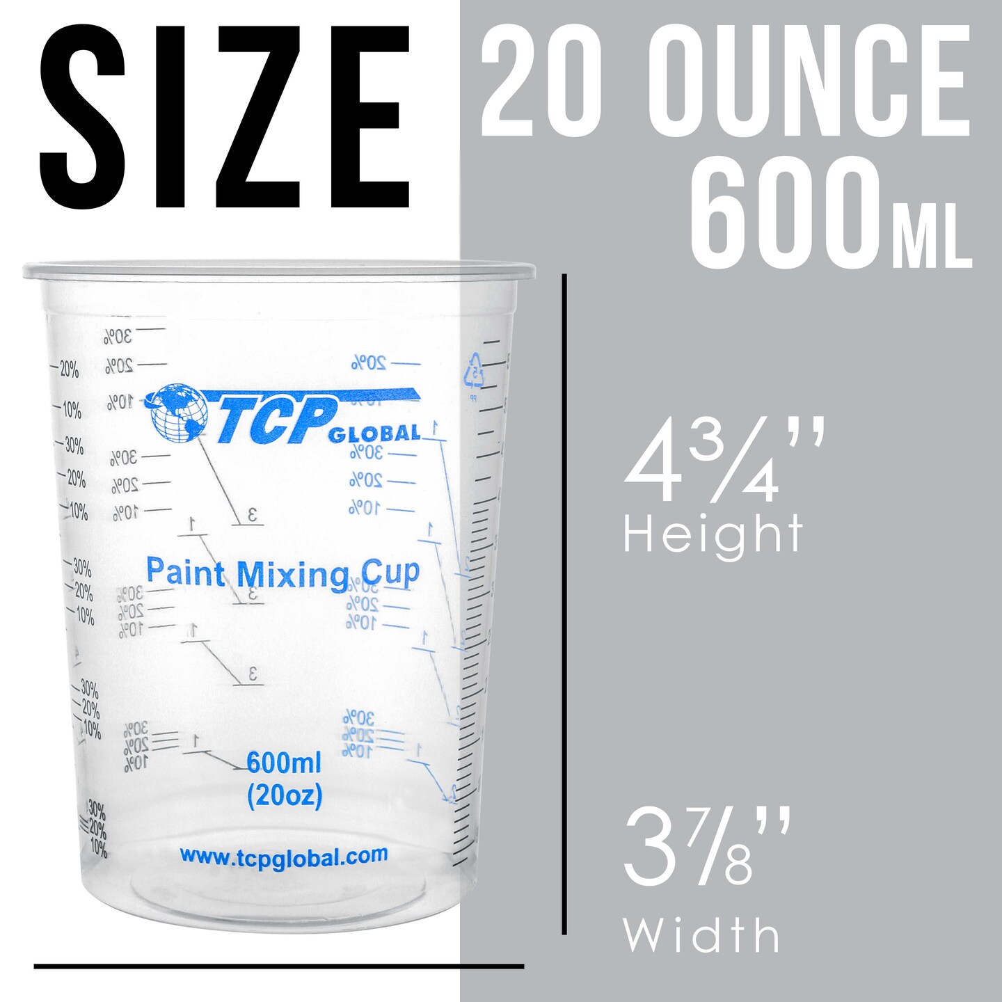 20 oz. (600ml) Graduated Plastic Mixing Cups - Box of 100 with 50 Mixing Sticks - Disposable Plastic Measuring Cups for Liquids, Paints, Resin, Epoxy, Art, Kitchen - Ratios 2-1, 3-1, 4-1 ML