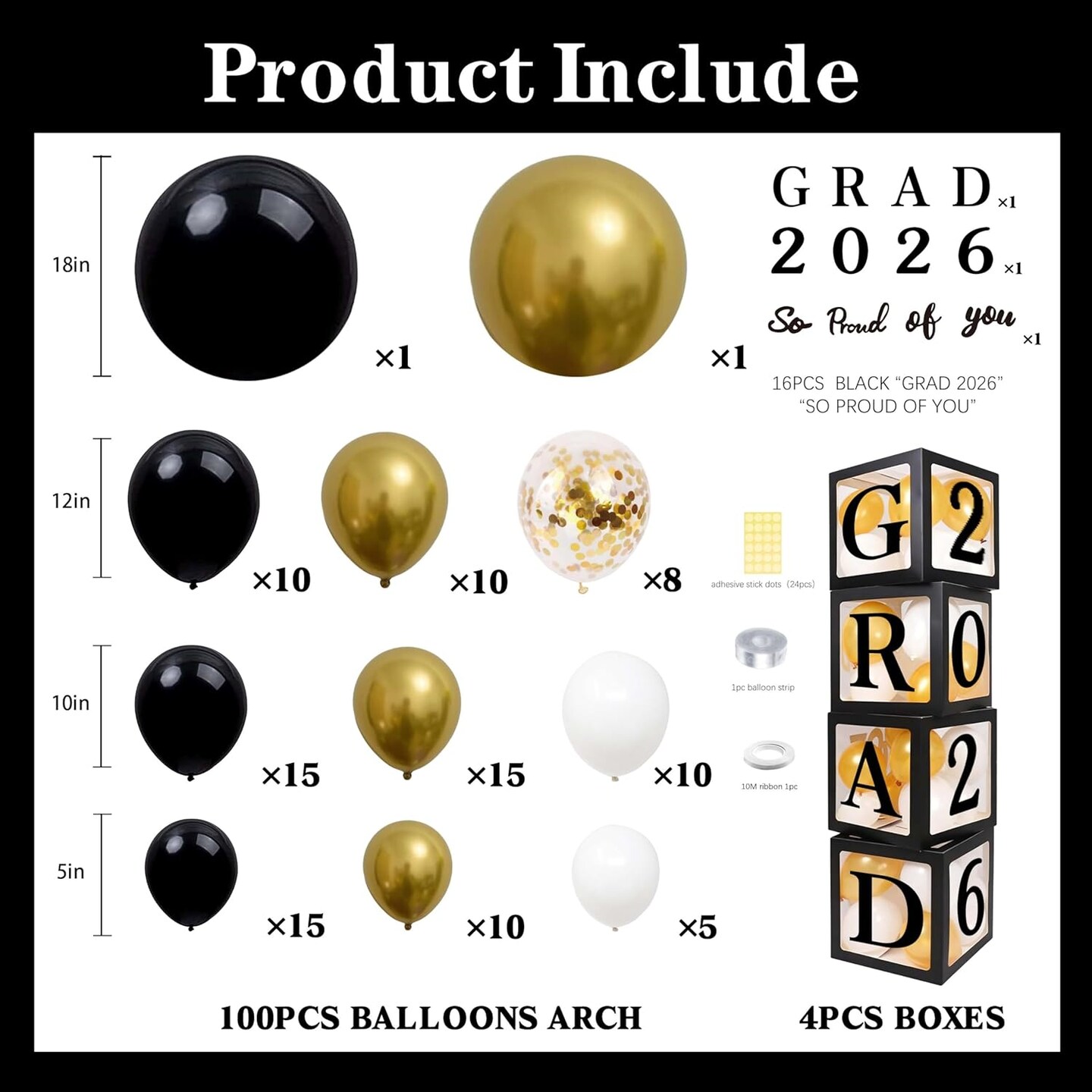 Class of 2026 Graduation Decorations – Black & Gold Balloon Boxes with 100-Piece Balloon Garland Kit, GRAD & So Proud of You Cutouts, High School & College Graduation Party Supplies Photo Backdrop
