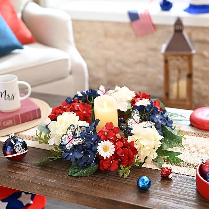 4th of July Wreath for Front Door with Lights, Red White Blue Patriotic Hydrangeas Wreath Memorial Day Decorations with Eucalyptus Leaves Butterfly for USA 250th Anniversary Summer, 18"