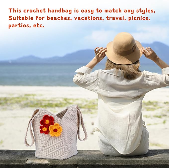 Crochet Bag Kit for Beginners Complete Starter Set with Yarn, Hook & Step-by-Step Video Tutorials DIY Shoulder Bag Crafting Gift for Adults (Beige)