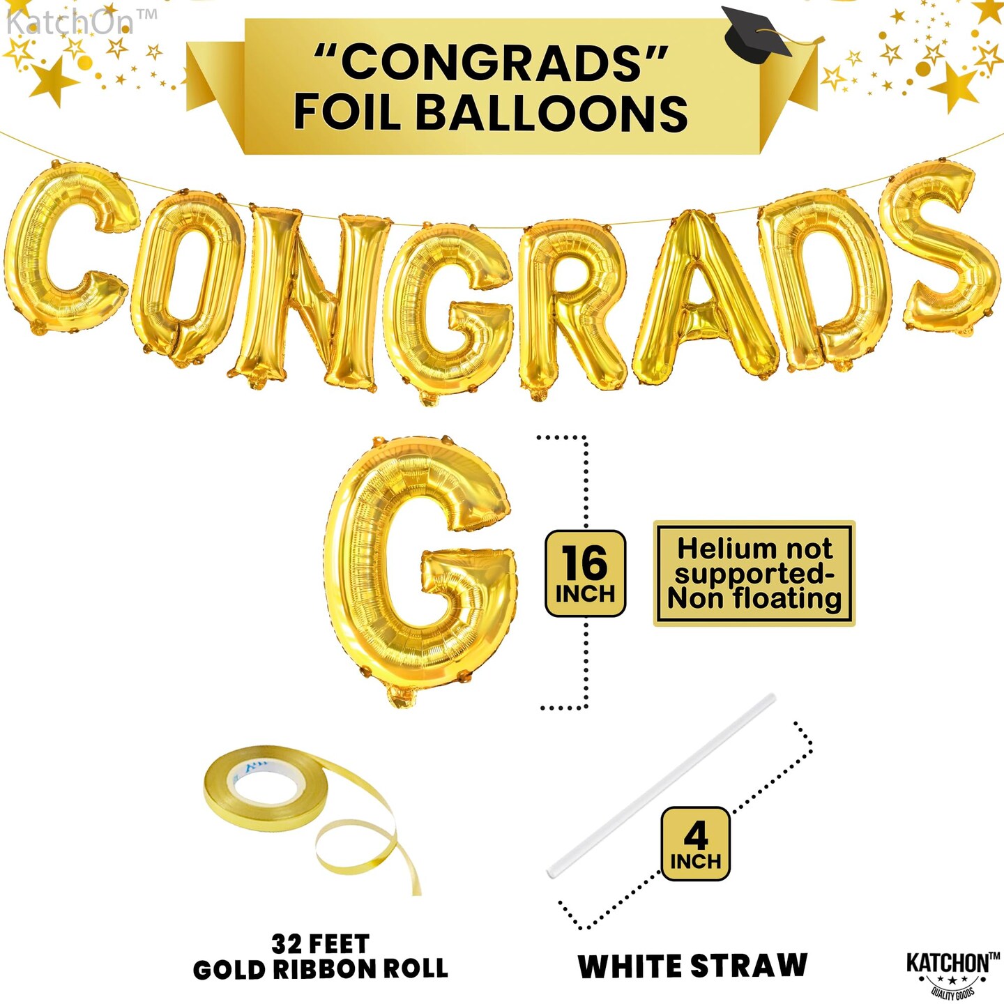 Graduation Decorations 2026 | Gold Congrats Balloons - 16 Inch | Foil Gold Congrats Balloons for 2026 Graduation Decorations | Graduation Balloons Banner | Congratulations Banner - KatchOn