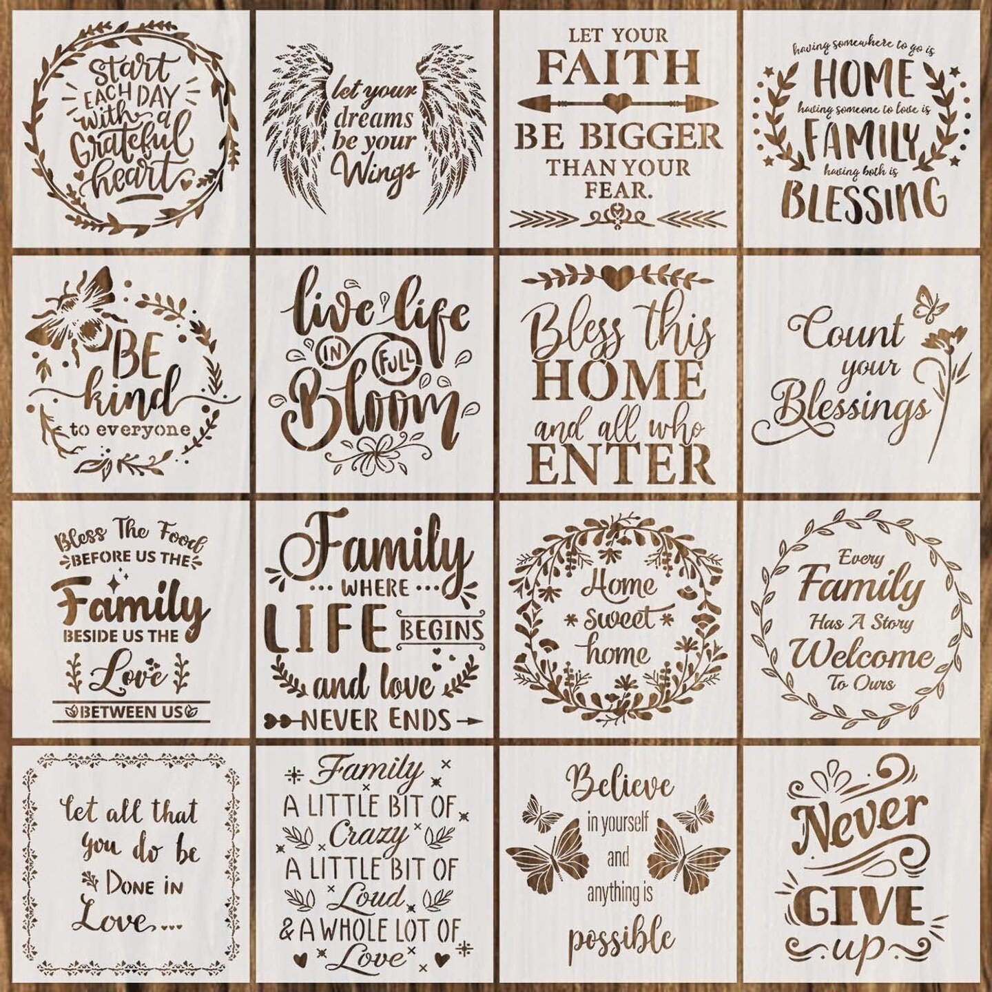 16 PCS Inspirational Word Stencils for Painting – Large Reusable Motivational Quote Templates for Wood Signs, Porch, Front Door, Wall Art & DIY Home Decor (11.8 x 11.8 Inch)