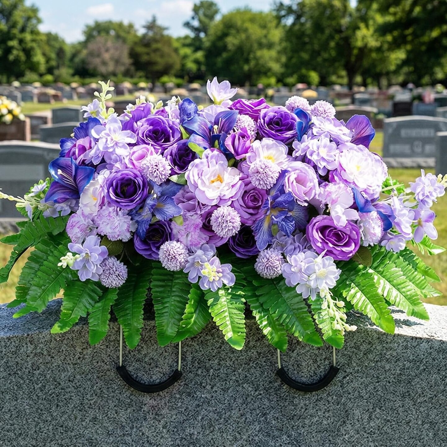 Cemetery Flower Saddle for Headstone - Purple Rose & Camellia Spring Grave Decorations - Large 26.7" Weather Resistant Memorial Flowers for Tombstone - Easter & Memorial Day Tribute