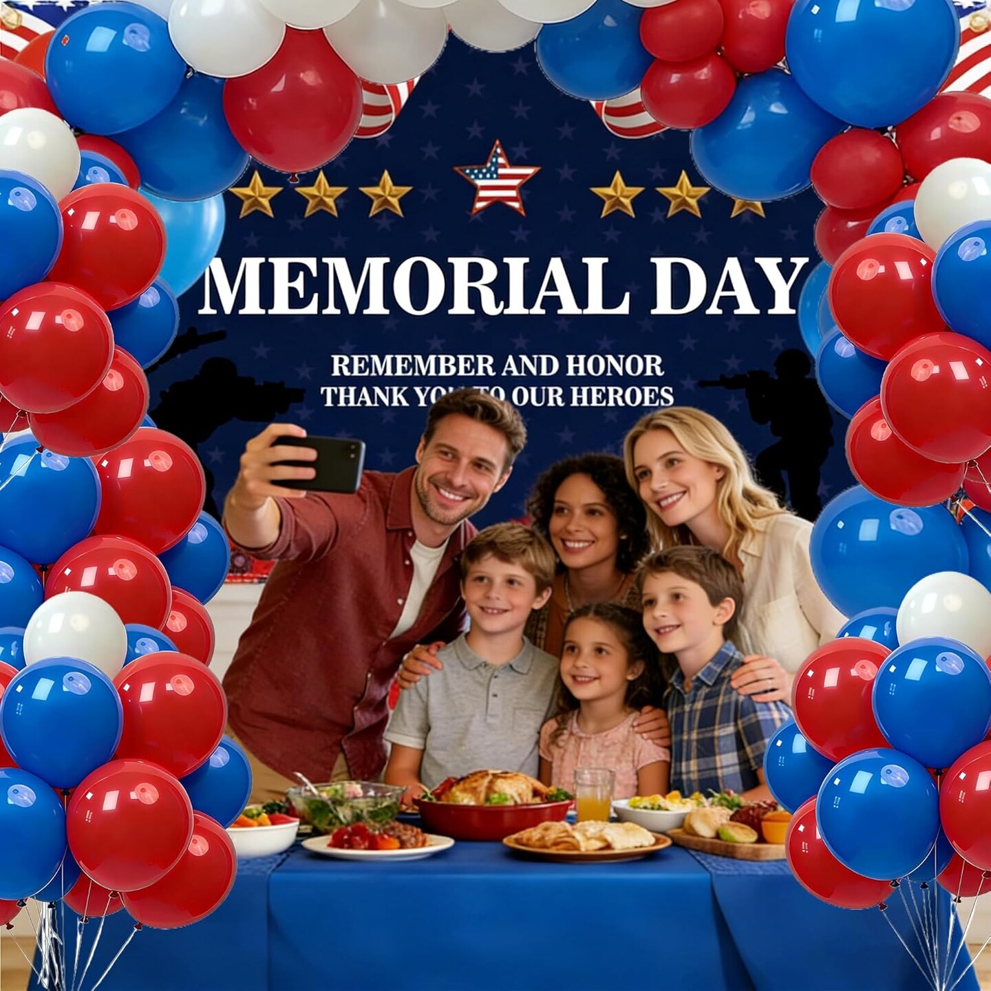 56PCS Memorial Day Party Kit with 6x4FT Patriotic Backdrop, Balloon Arch Strip & 50 Balloons – Red White Blue Decorations with Tablecloth for Remember & Honor USA Celebration Decor