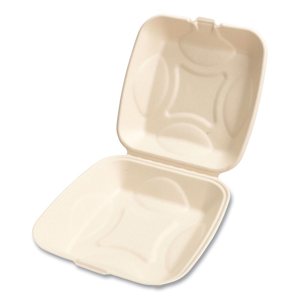 Boardwalk 9 in. x 9 in. x 3.19 in. Bagasse PFAS-Free Sugarcane Food Containers - Tan (100/Sleeve, 2 Sleeves/Carton)