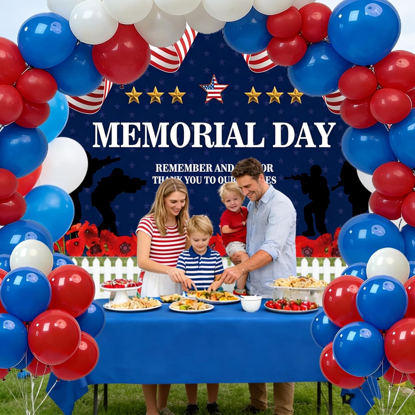 56PCS Memorial Day Party Kit with 6x4FT Patriotic Backdrop, Balloon Arch Strip & 50 Balloons – Red White Blue Decorations with Tablecloth for Remember & Honor USA Celebration Decor