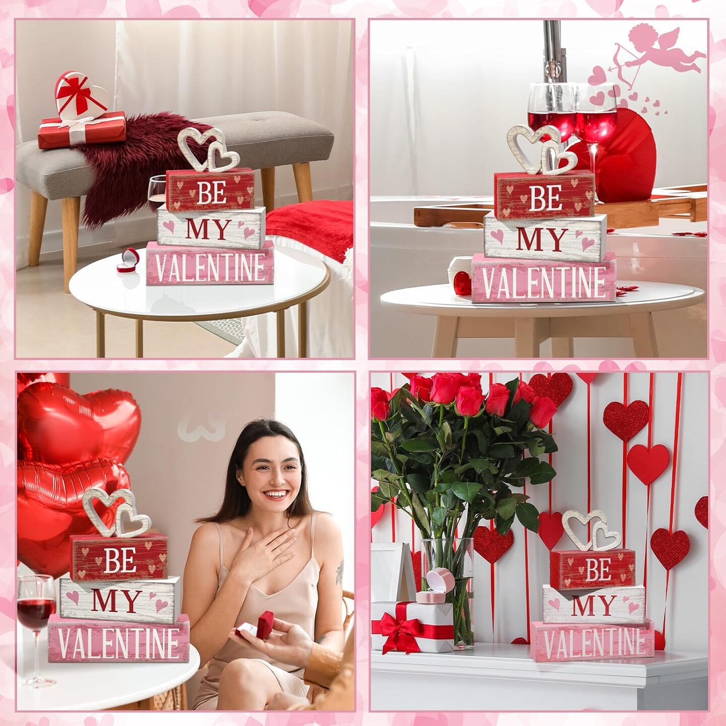 4 PCS Valentine Wooden Sign Love Table Centerpiece Faux Book Stack Decor