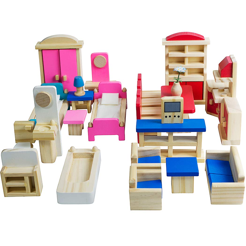 Wooden Dollhouse Furniture - 5 Sets, 1:12 Scale Doll House Furnishings, 35 Pieces of Dollhouse Accessories (Living Room, Kitchen, Dining Room, Bedroom, Bathroom)