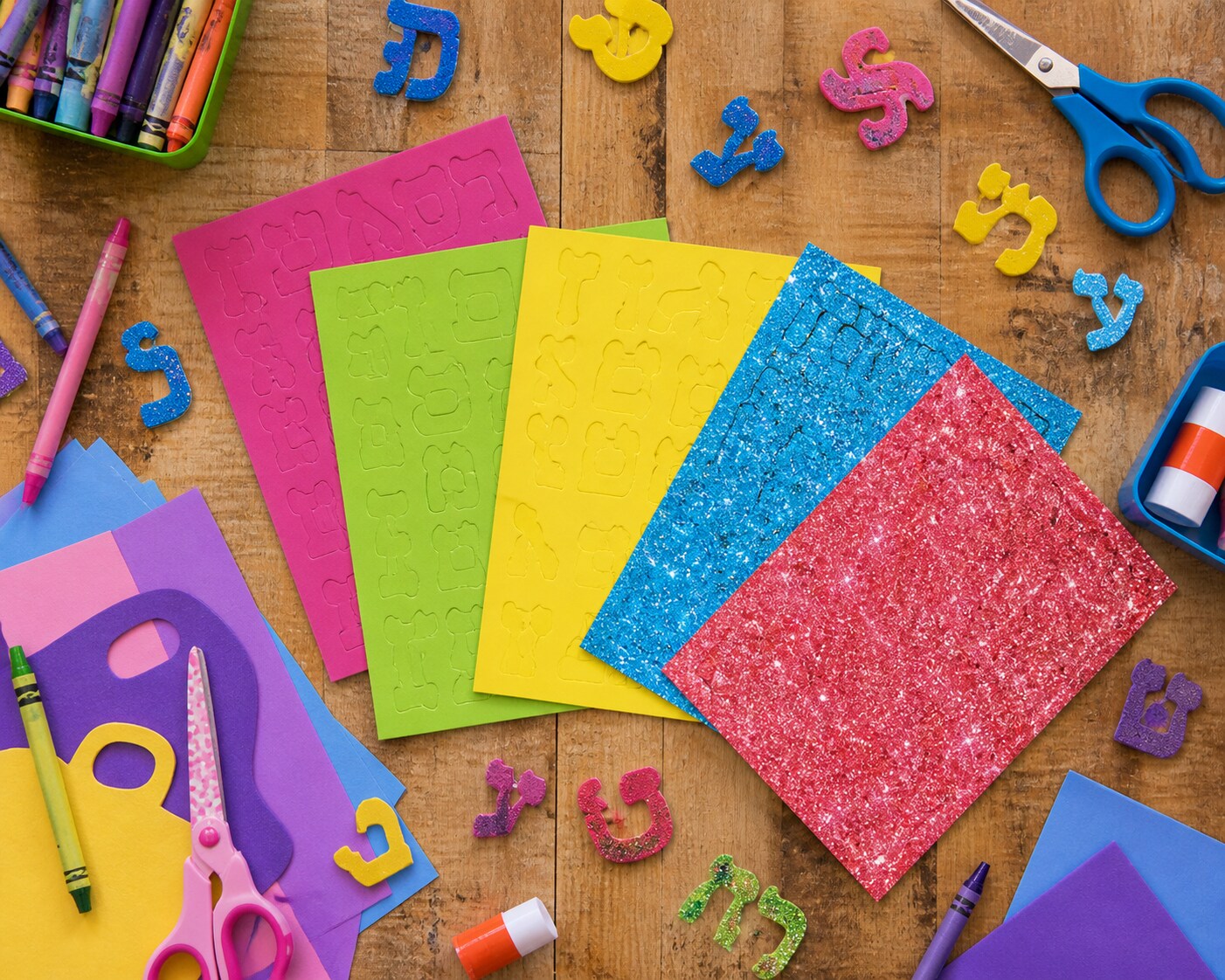 Alef Bet Foam Letter Shapes – 250 Pack, 5 Color Sheets + 2 Glitter Sheets – Hebrew Alphabet Stickers for Crafts & Classroom