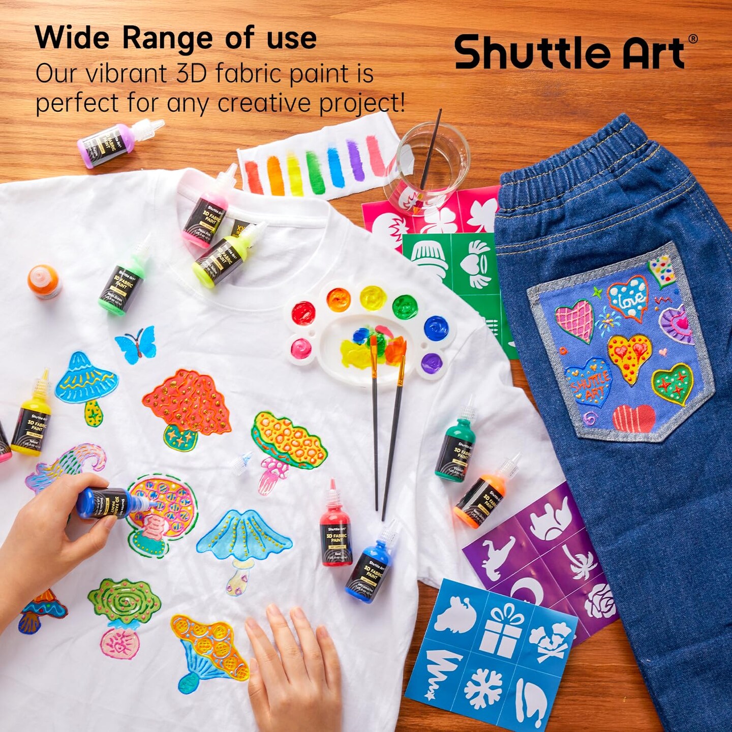 Fabric Paint, 24 Colors 3D Permanent Paint with Brushes Palette Pen Fabric Sheet Stencils, Glow in The Dark, Glitter, Metallic Colors for Textile Fabric T-shirt Jeans Glass