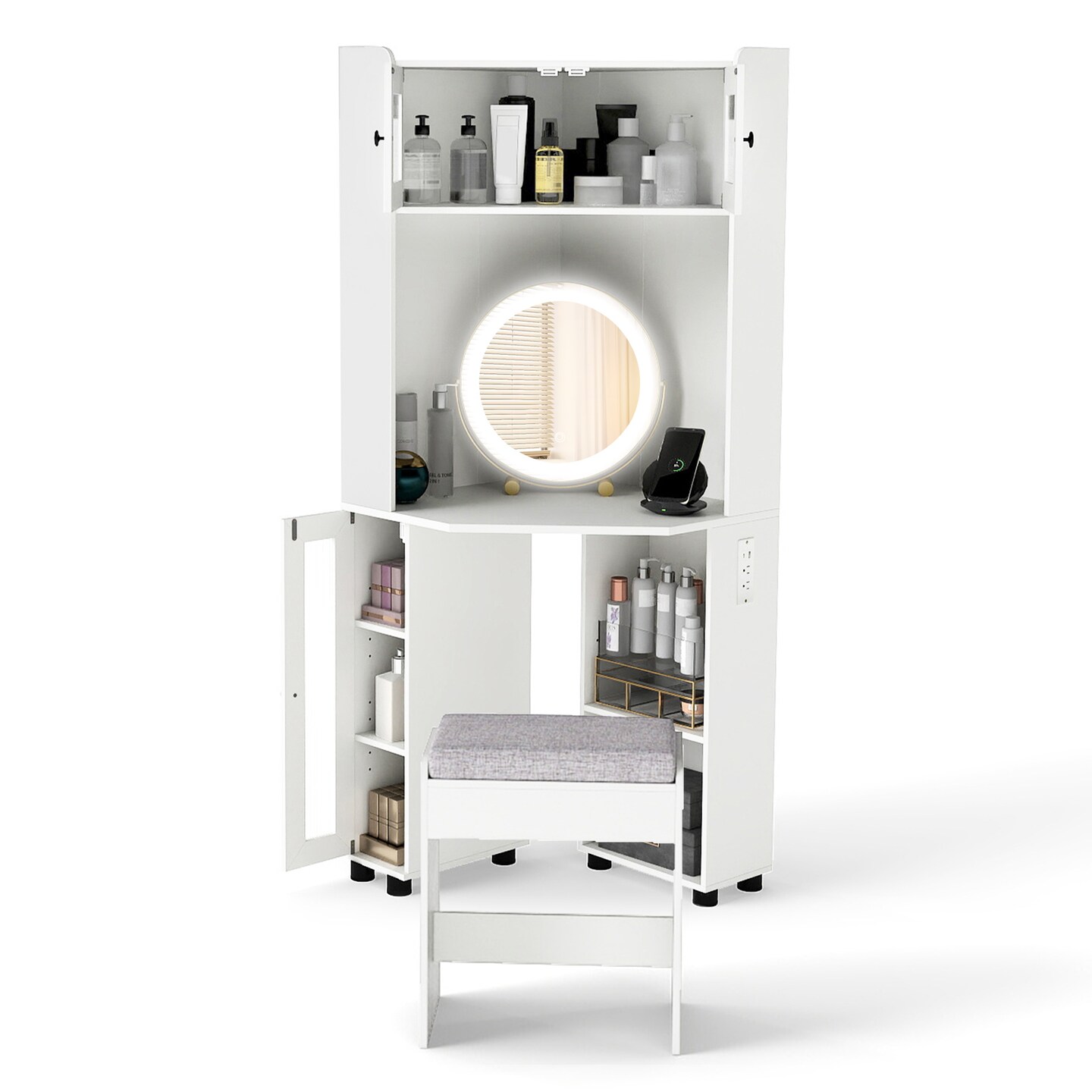 White Corner Vanity Table with Rotating Mirror LED Lights Storage Stool