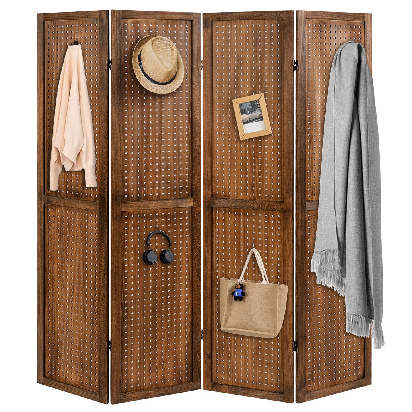 Brown Paulownia Wood Pegboard Room Divider 4-Panel Adjustable Display Stand