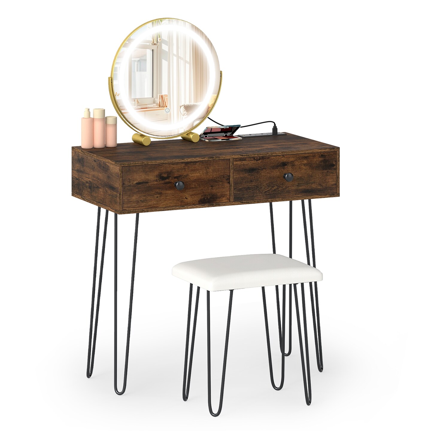 Rustic Brown Vanity Table LED Mirror Touch Control USB Type-C Charging Stool
