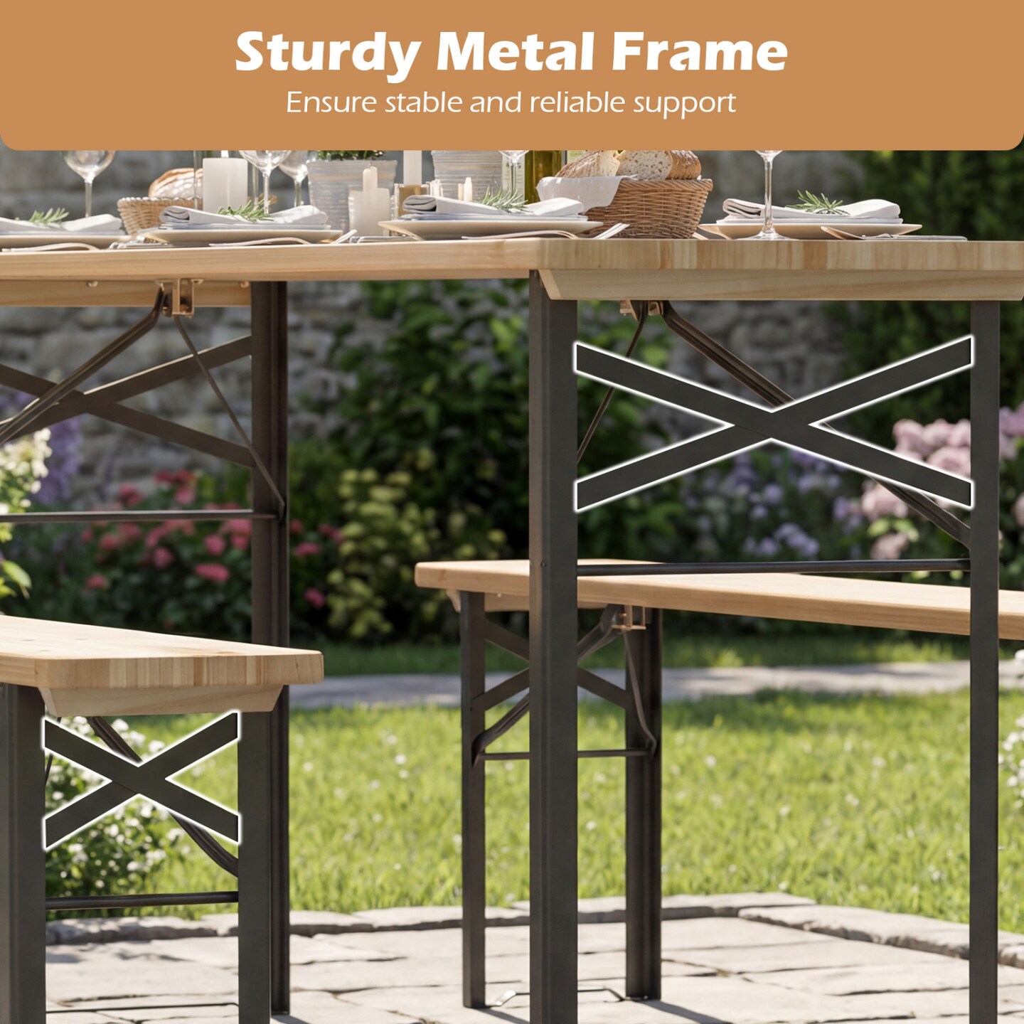 Portable 70-Inch Folding Picnic Table with 2 Benches Fir Wood Outdoor Camping Set