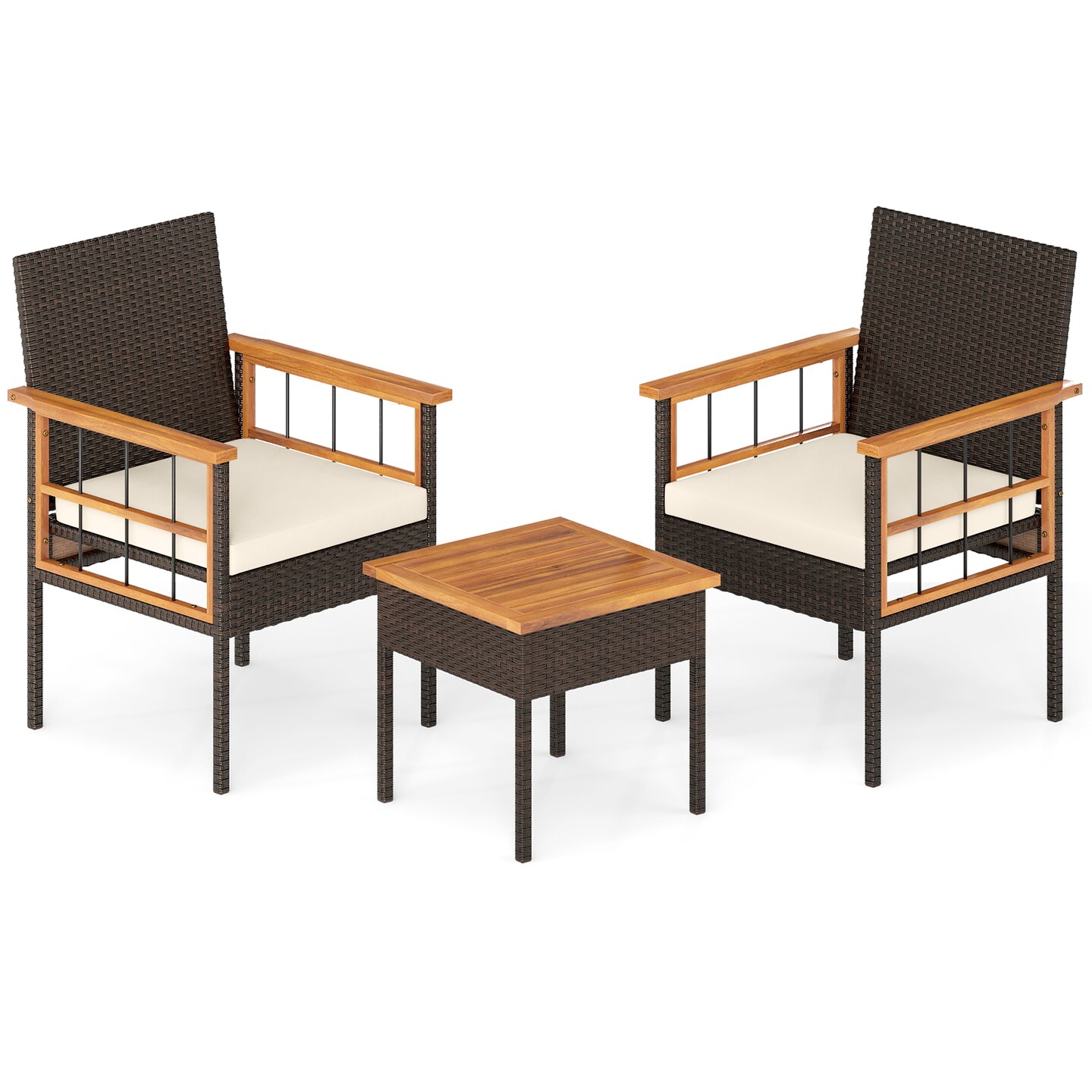 Balcony 3-Piece Wicker Set Acacia Wood Tabletop with Comfortable Armrest Chairs