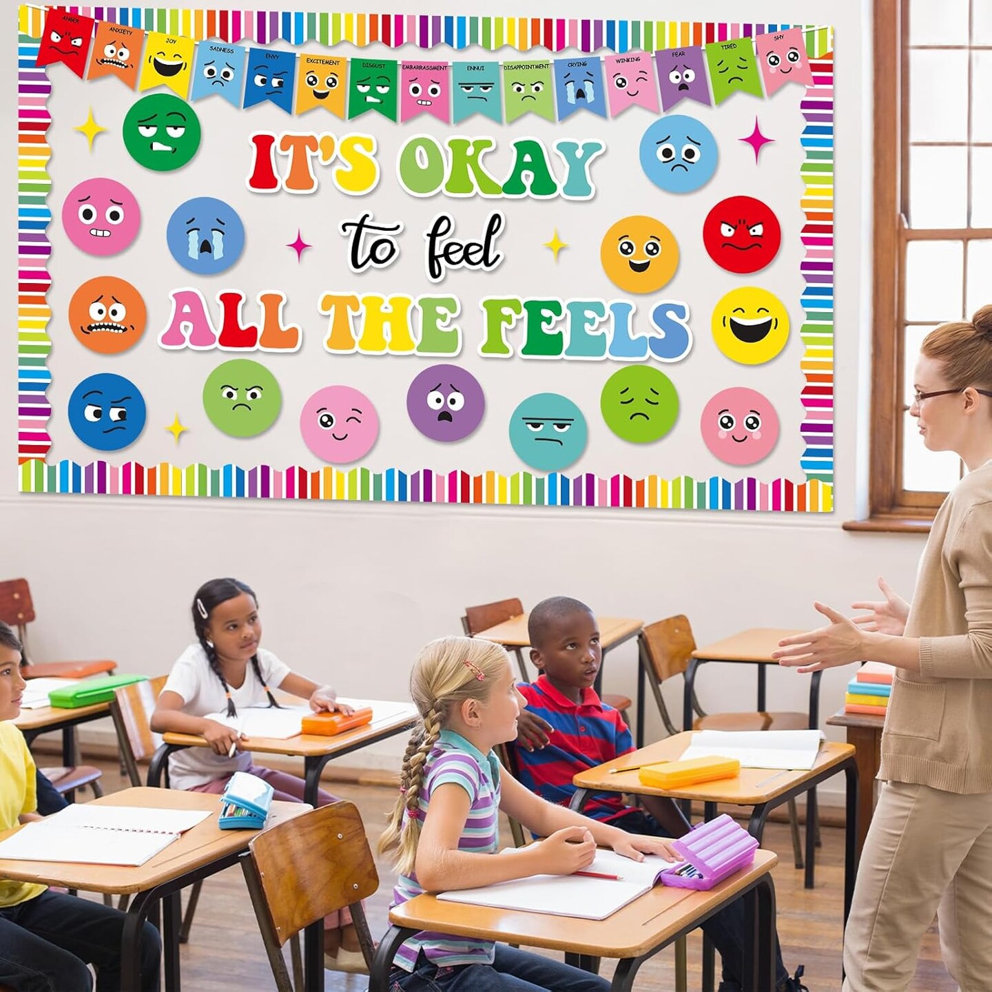 Feeling Bulletin Board Set - 58 Pcs Mental Health Classroom Decorations - It’s Okay to Feel All the Feels Calm Corner Supplies - Growth Mindset Emotion Chart for School Counselor & Therapy Office