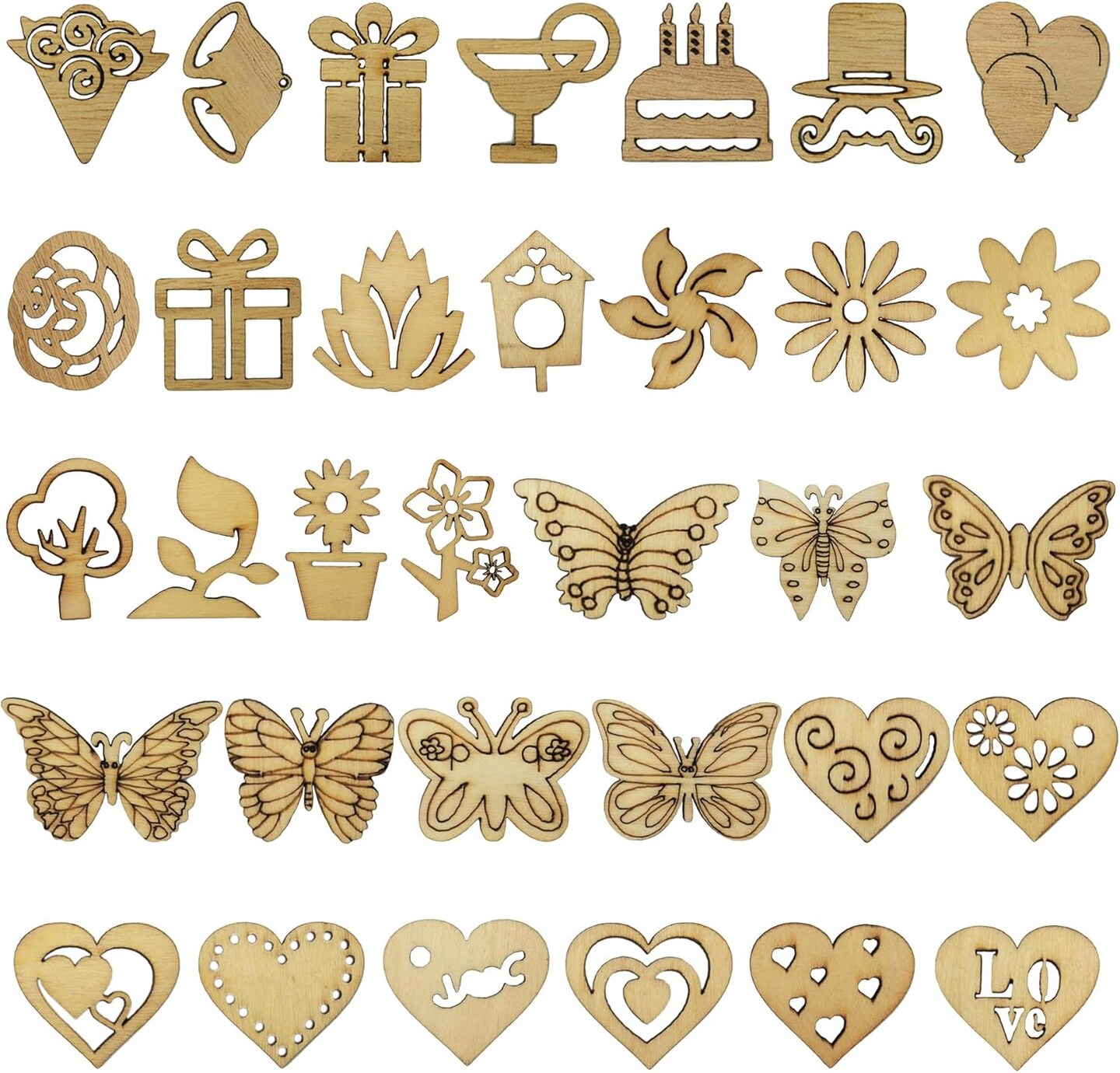 200Pcs Hollow Wood Pieces Unfinished Wooden Vintage Embellishments (Mix)