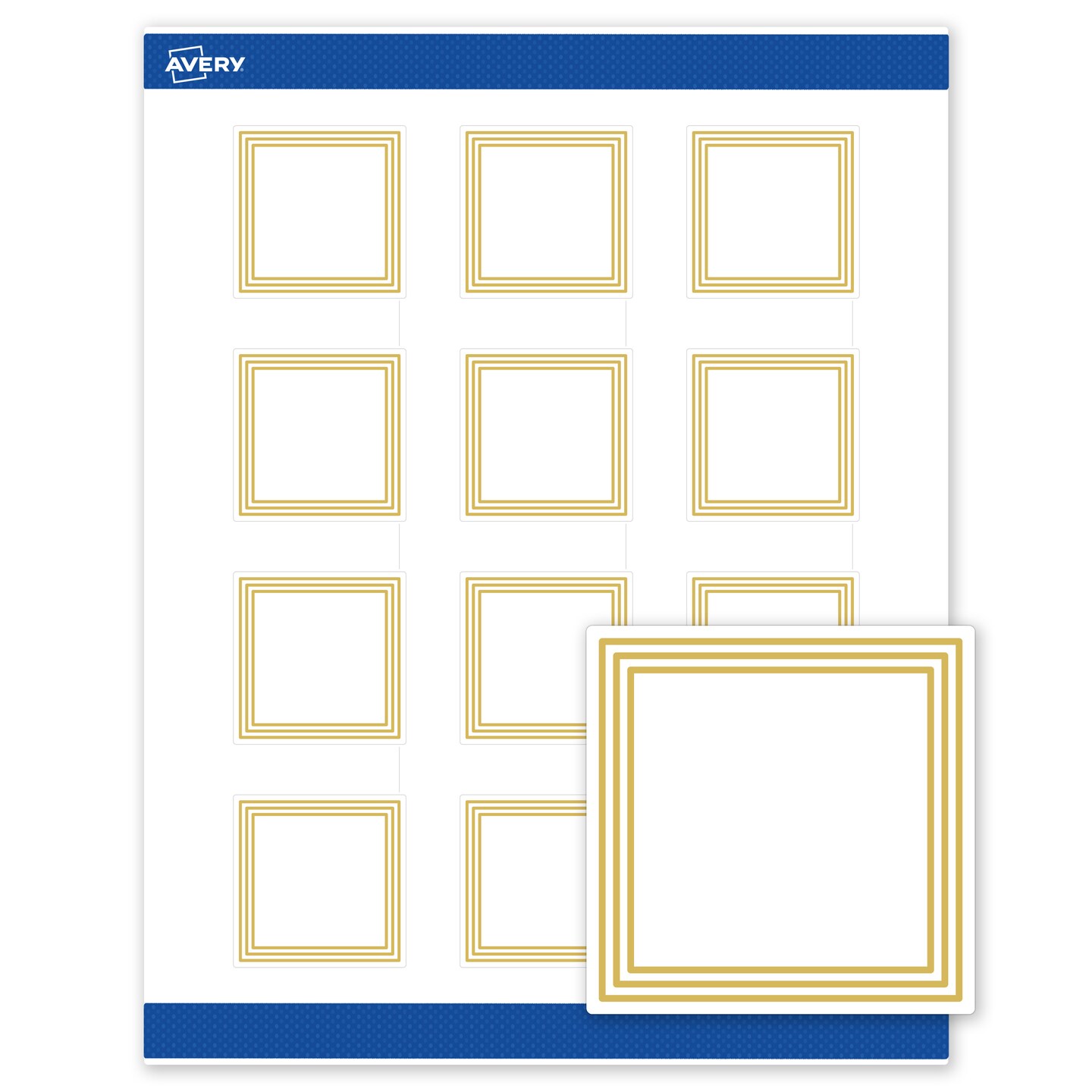 Avery Printable Square Labels, Gold Multi-Lined Border, 2&#x22; x 2&#x22;, Matte White Square Labels, Permanent, Laser/Inkjet, 120ct, Great for Product Labels
