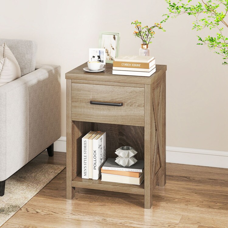 Natural Wood Nightstand with Drawer & Bottom Shelf, Rustic Farmhouse Bedside Table, 18”L x 15.5”W x 26.5”H