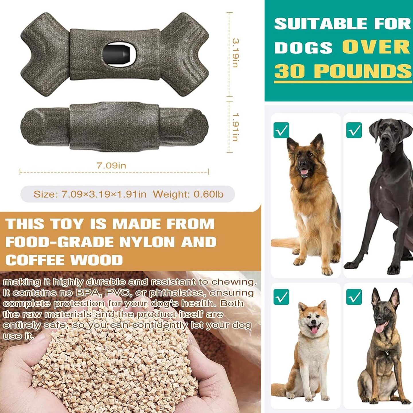 Durable Dog Chew Toy, Interactive Dental Chew Stick for Dogs 7.09" x 3.19" x 1.91"