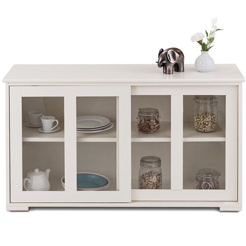 Modern White Buffet Sideboard Cabinet Kitchen Storage with Sliding Glass Doors MDF Wood 42 Inch