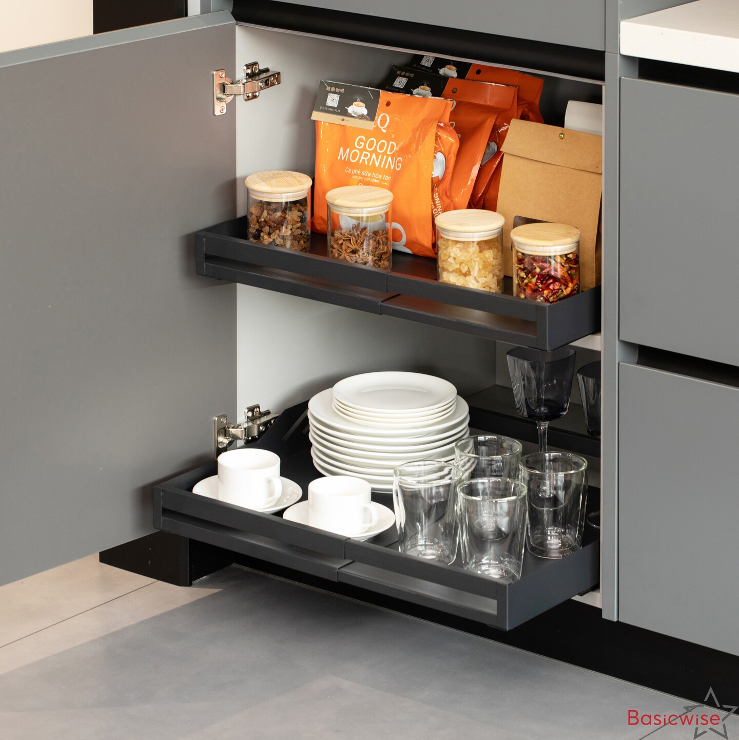 Basicwise Expandable Deep Drawer Organizer Adjustable Pull-Out Cabinet Storage Tray for Kitchen Organization Ideal for Cookware Dinnerware Food Containers Utensils Bakeware & Pantry Essentials